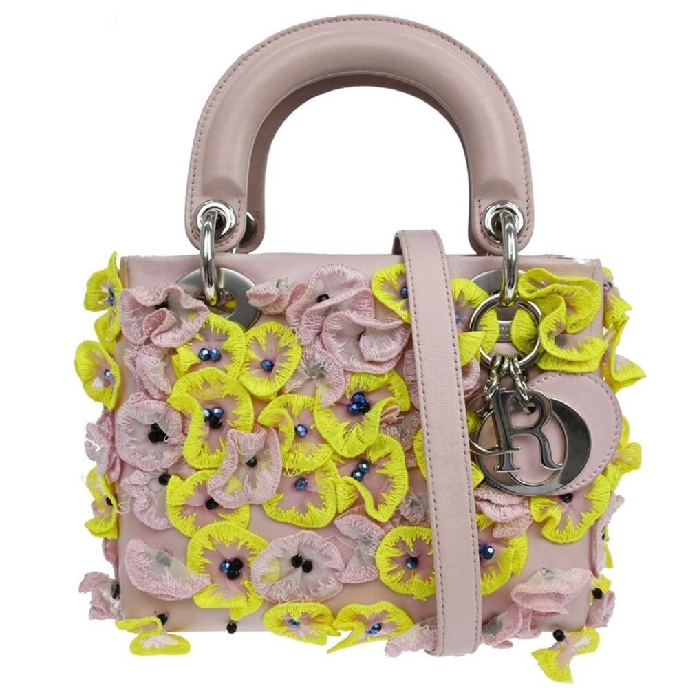 Christian Dior Lady Dior Flower Charm Embellished Leather Pink Leather Handbag